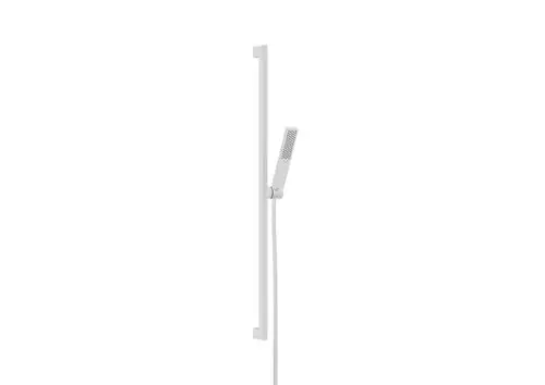 Weißes Brauseset mit einem Handbrausekopf und einer vertikalen 90 cm langen Brausestange. Das Design stammt von Hansgrohe.